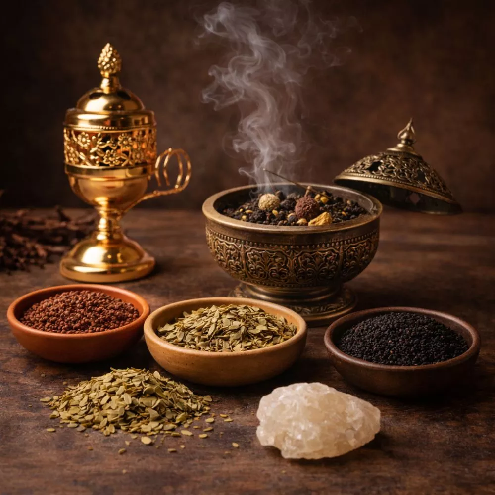 Rituel purification arabe traditionnel avec jujubier, ruta, harmel et haba sawda