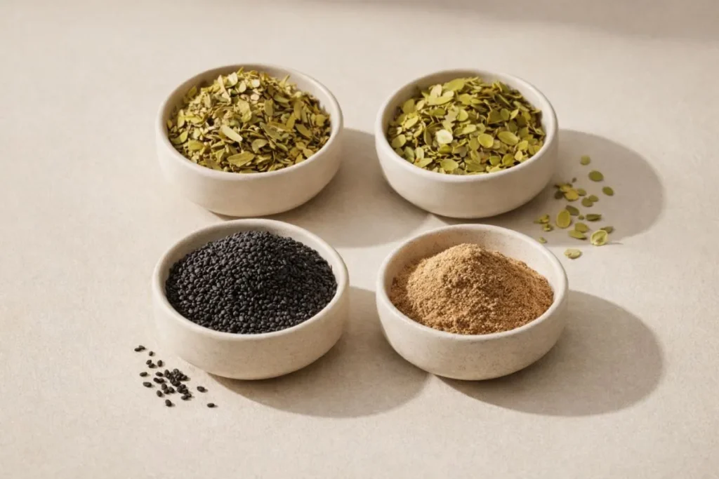 Plantes traditionnelles jujubier nigelle séné et costus pour rituel oriental