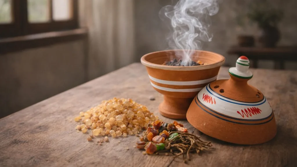 rituel de purification à l’encens naturel dans un intérieur sobre